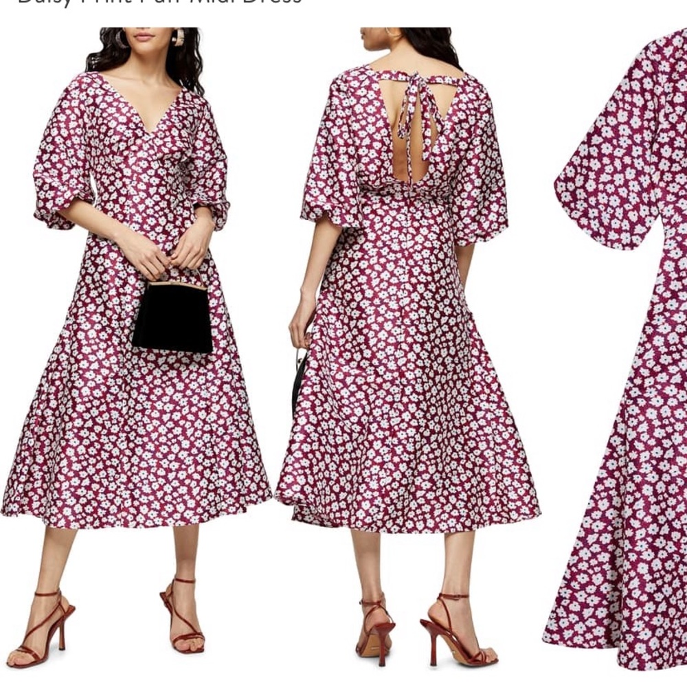 Topshop Pink Midi Puff Daisy Print Dress
